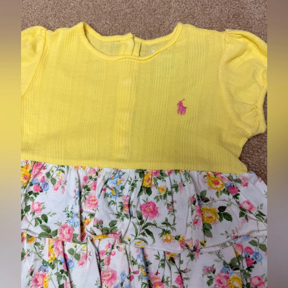 Ralph Lauren Baby Girls 24M Yellow Floral Ruffle‎ Bubble Romper Dress Pony Logo